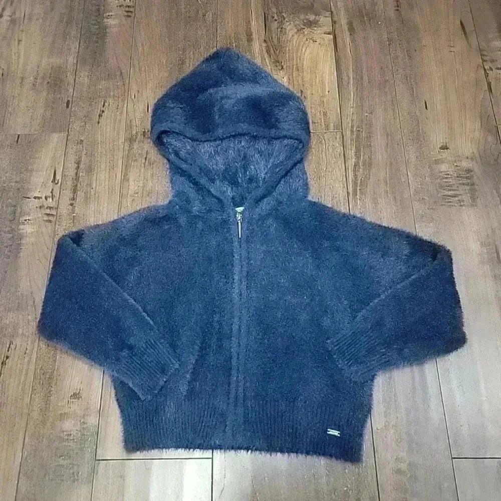 Mayoral Girls 5 Furry Full Zip Jacket Navy Blue Hooded Outerwear School Soft
